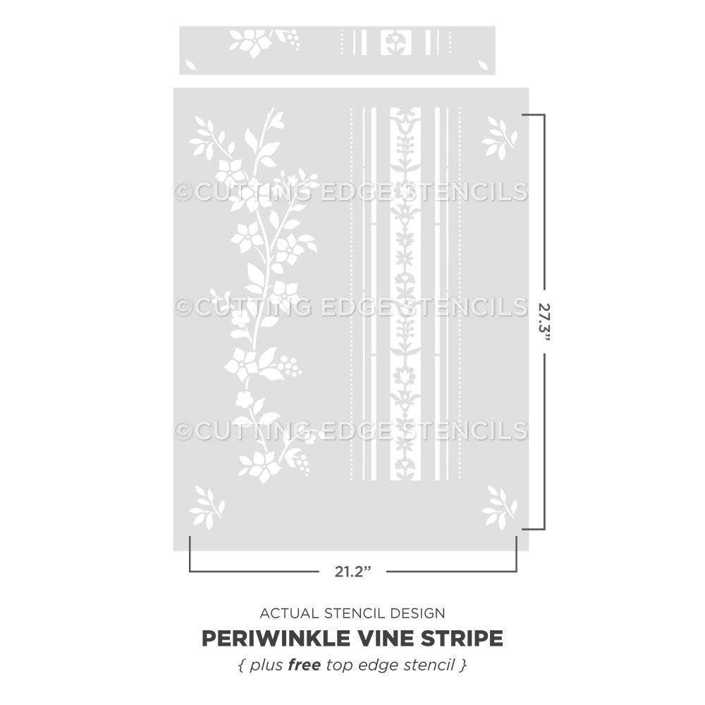 Periwinkle Vine Stripe stencil with dimensions on a white background