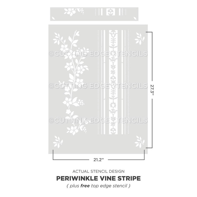 Periwinkle Vine Stripe stencil with dimensions on a white background