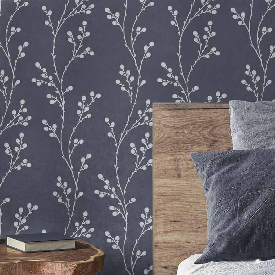 Pussy will stencil in white on dark bedroom wall
