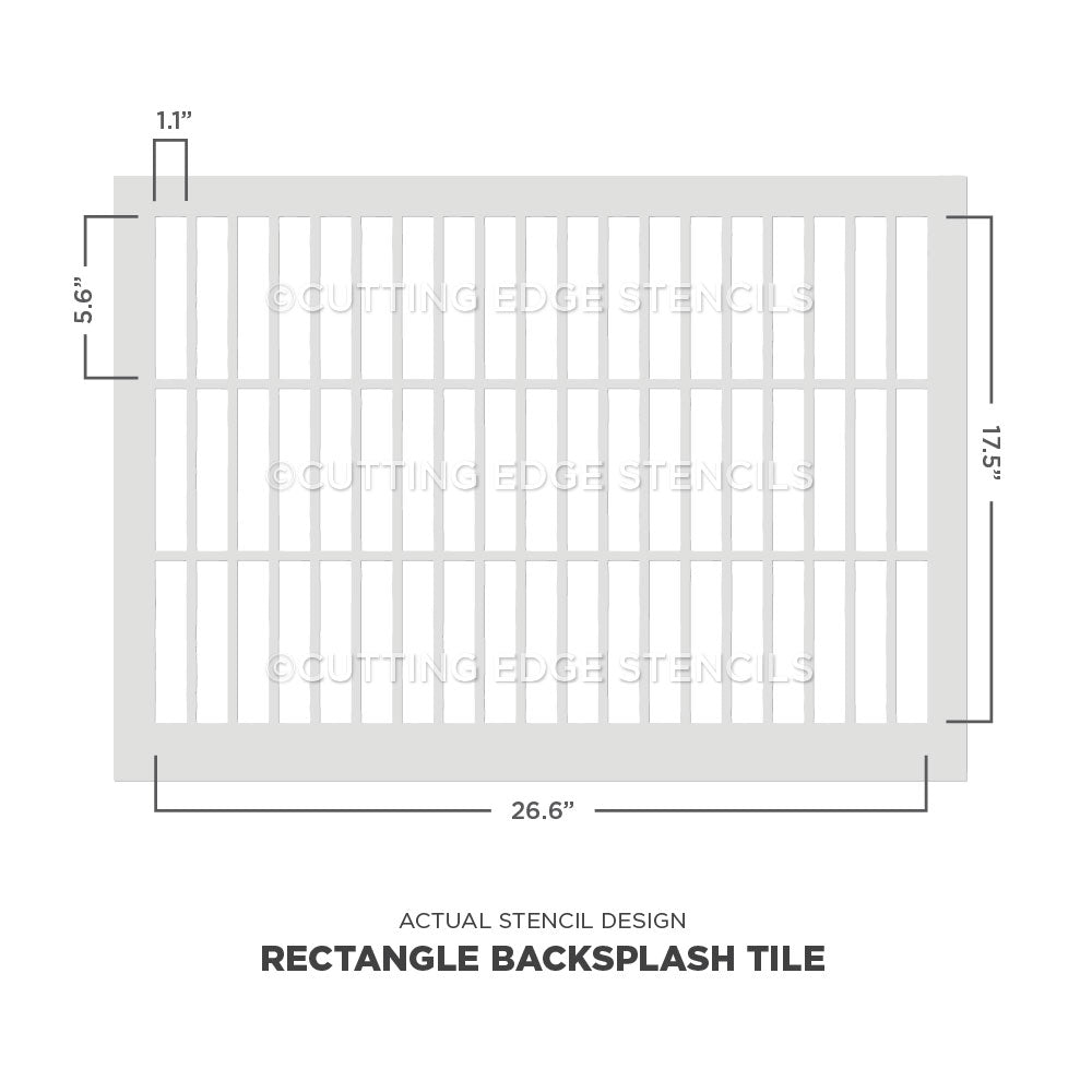 Rectangular backsplash tile stencil with dimensions on a white background