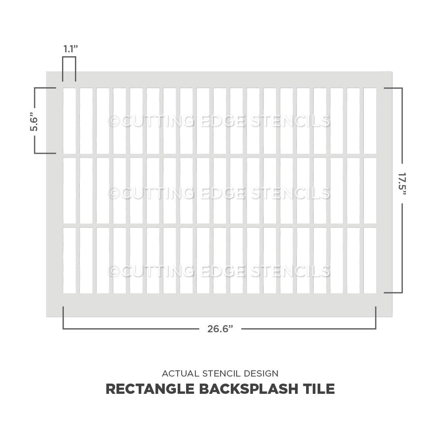 Rectangular backsplash tile stencil with dimensions on a white background