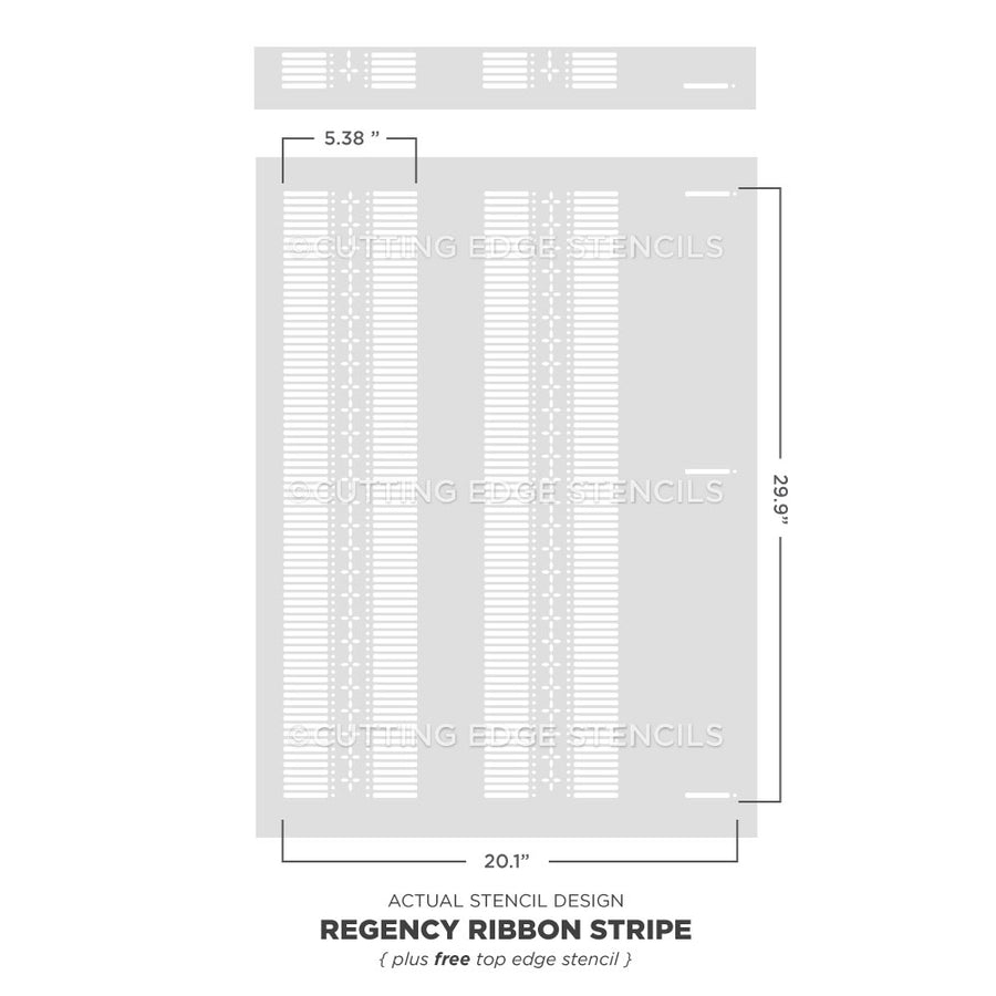 Regency Ribbon Stripe stencil with dimensions on a white background