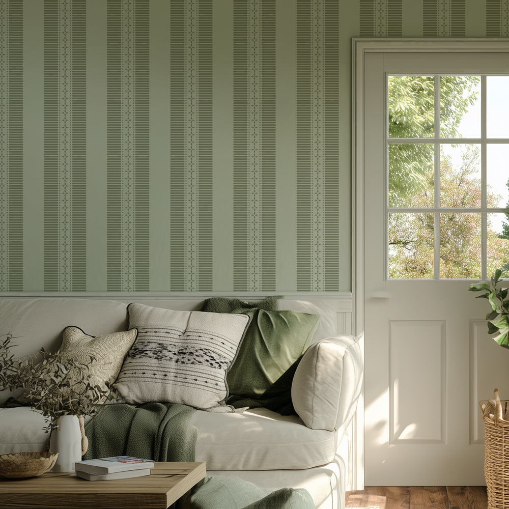 Living room with a white sofa, striped wall stencil, and a window with a view of trees.