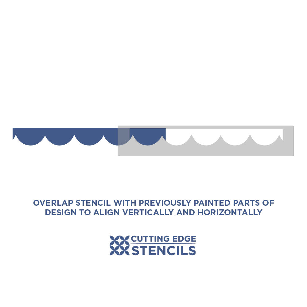 Overlap stencil with previously painted parts of a design to align vertically and horizontally, featuring Cutting Edge Stencils logo.