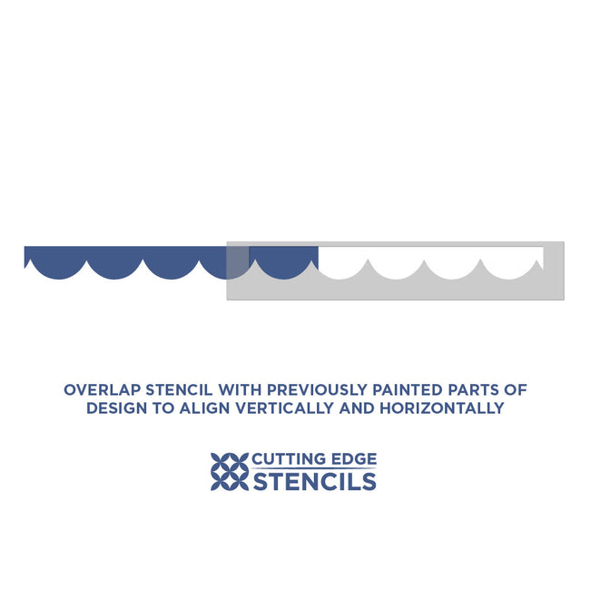 Overlap stencil with previously painted parts of a design to align vertically and horizontally, featuring Cutting Edge Stencils logo.