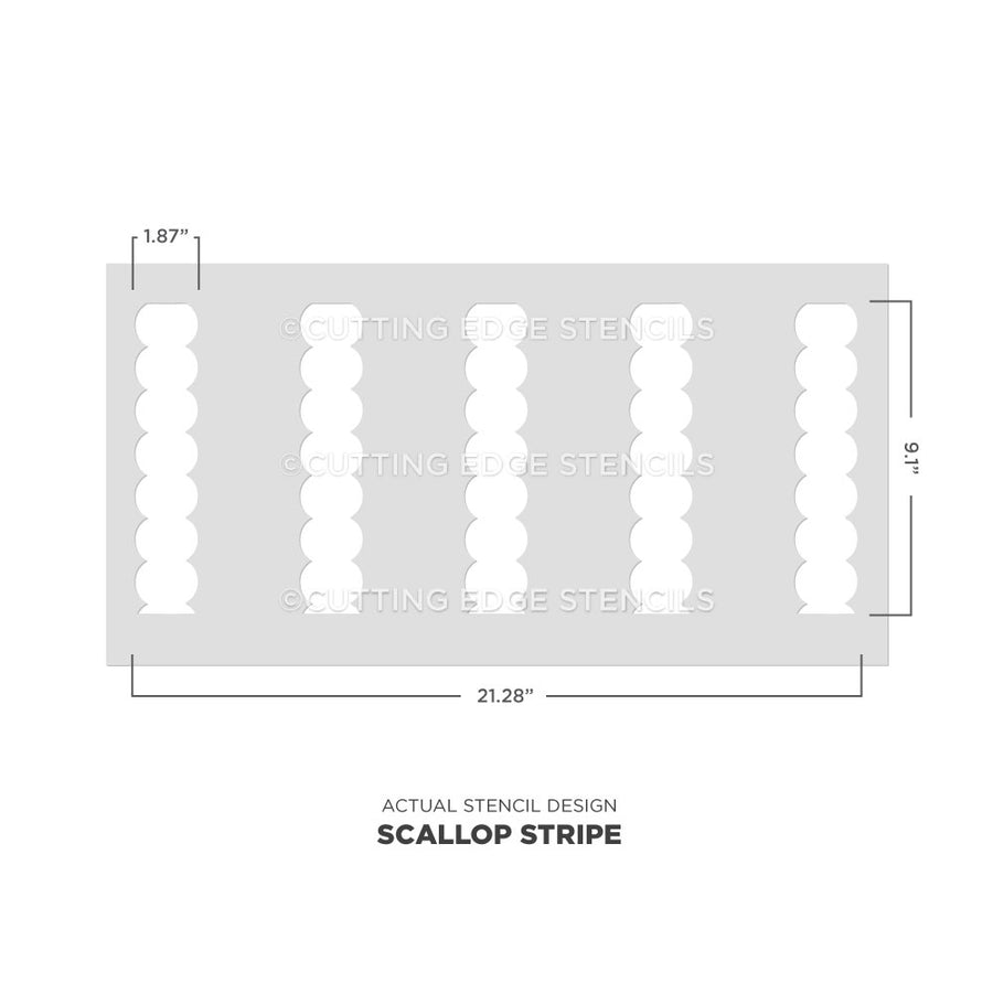 Scallop stripe stencil with dimensions on a white background