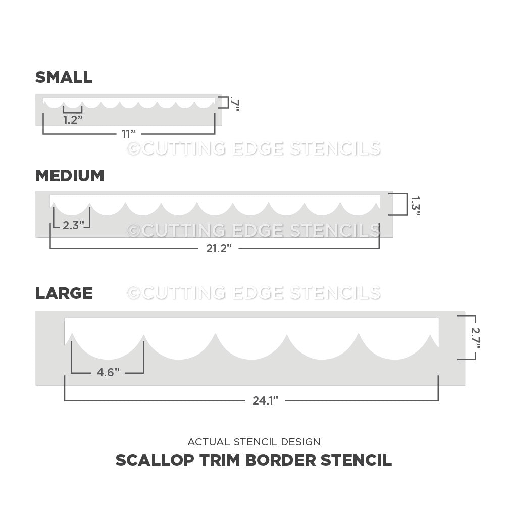 Scallop trim border stencil with measurements for small, medium, and large sizes on a white background.