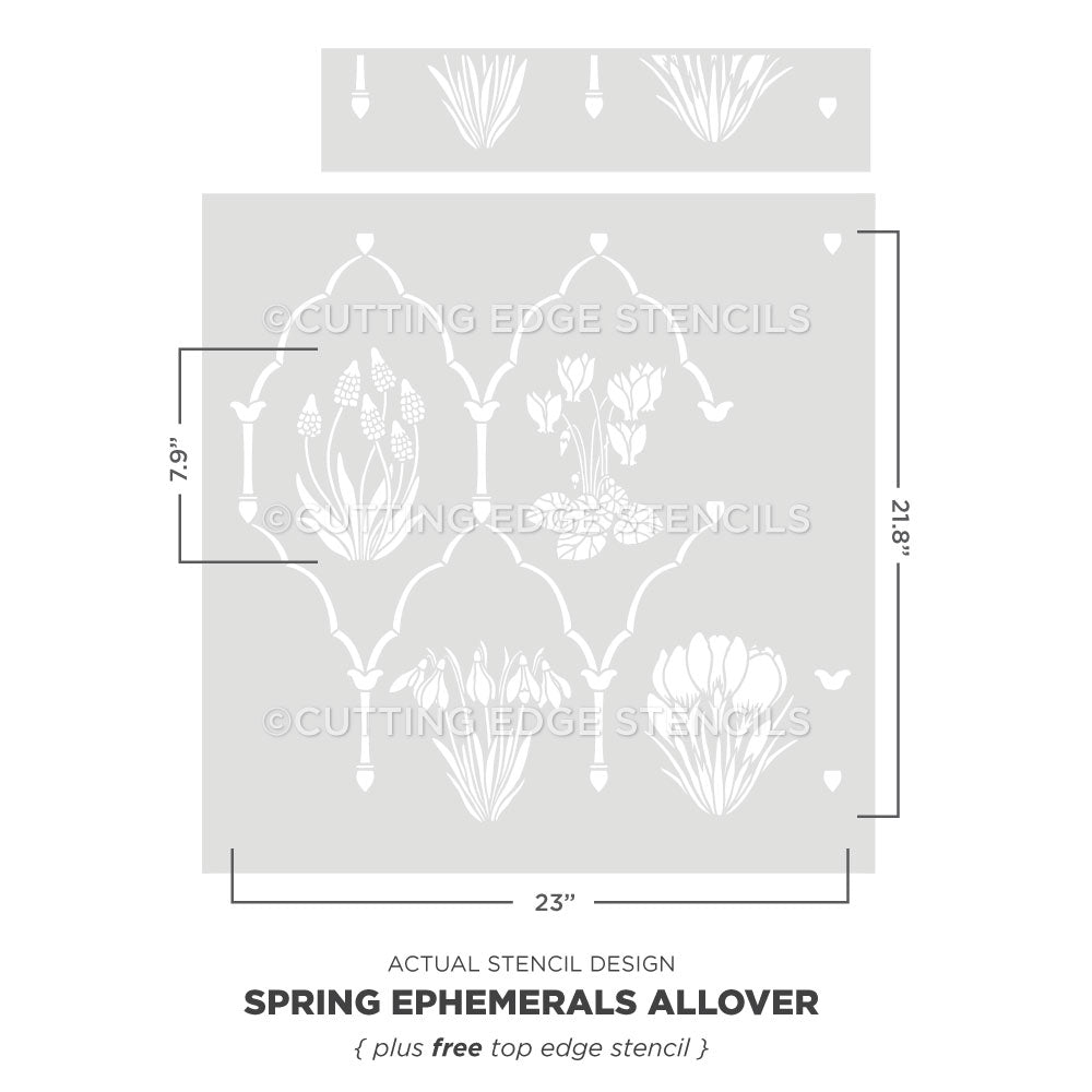 Cutting Edge Stencils spring ephemerals allover stencil with dimensions on a white background