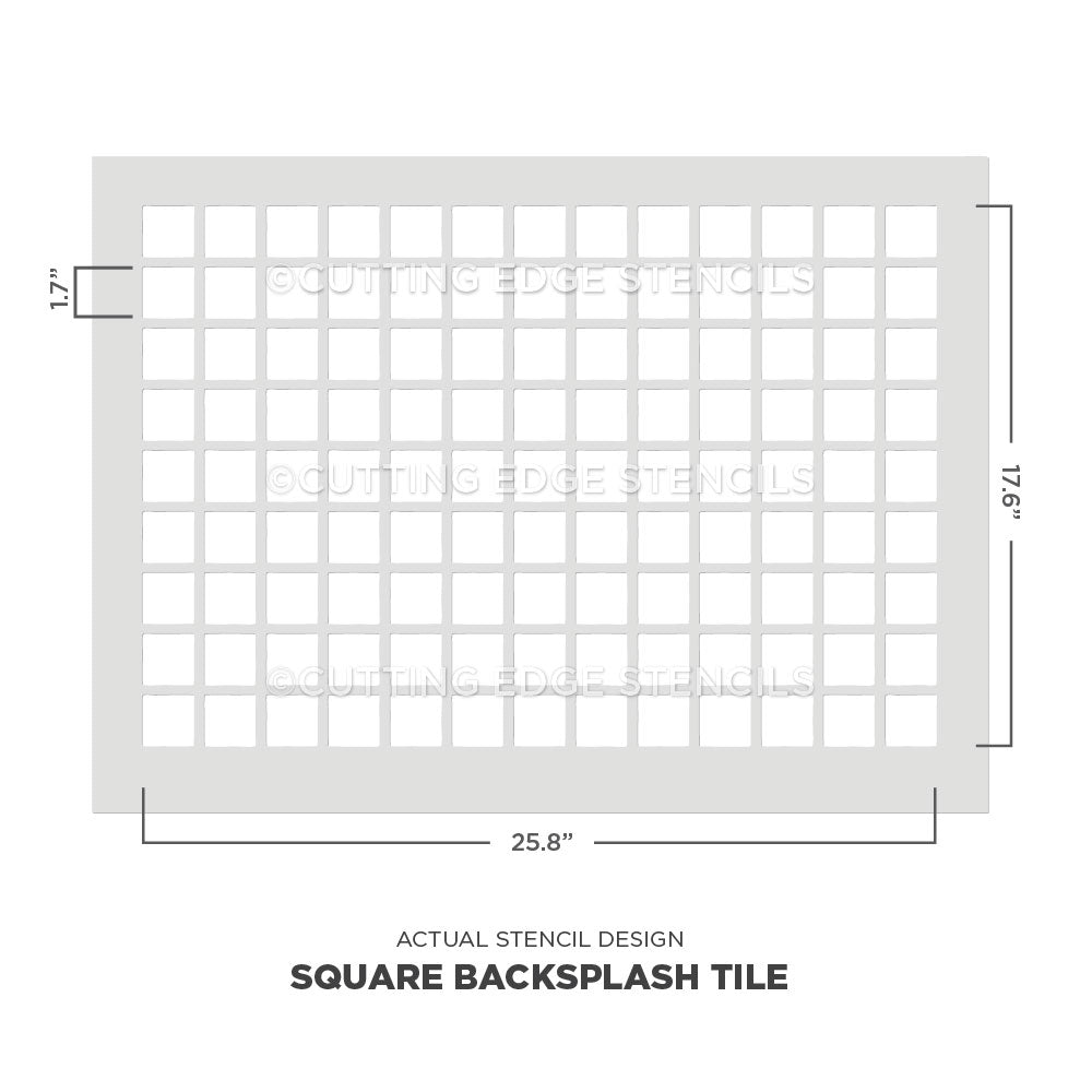 Square backsplash tile stencil with dimensions on a white background