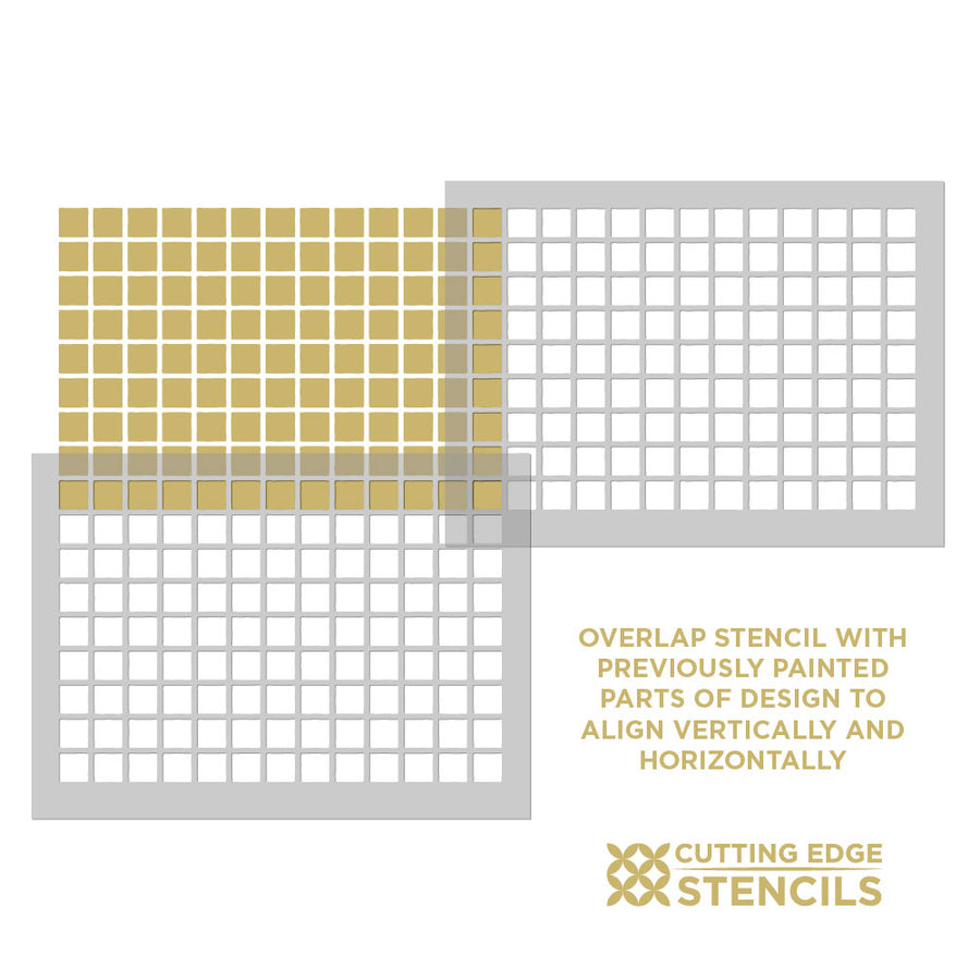 Grid stencil with gold squares and text on a white background