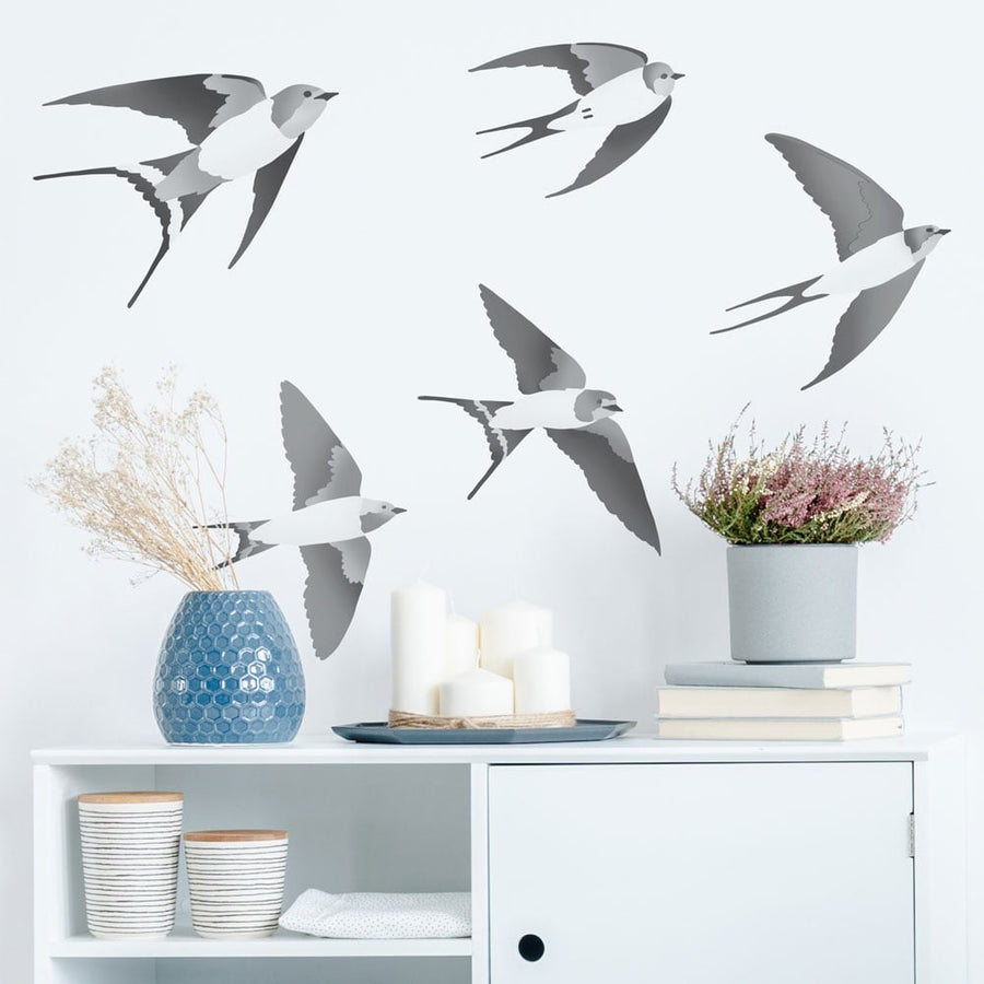 Grey and white swallows bedroom wall stencil kit