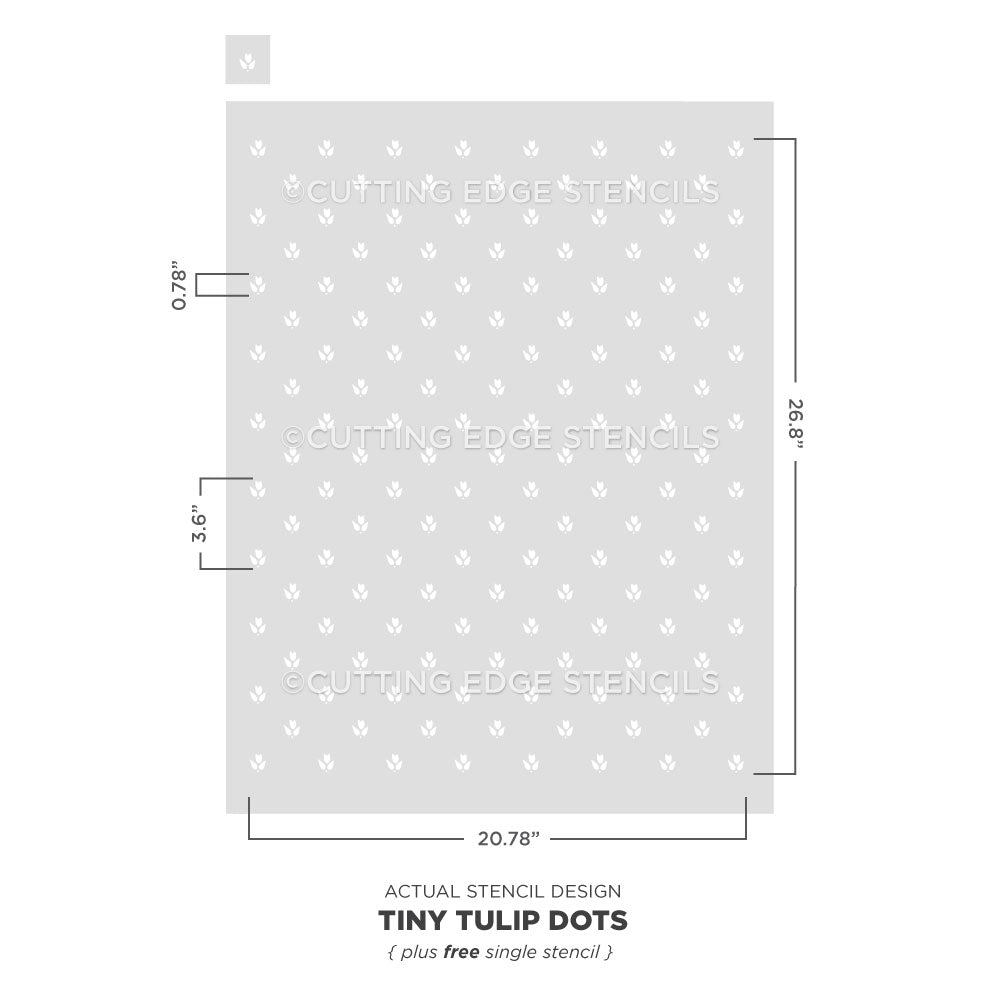 Stencil with tiny tulip dots design and dimensions on a white background
