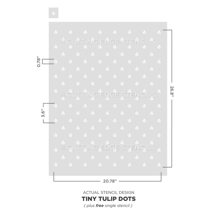 Stencil with tiny tulip dots design and dimensions on a white background