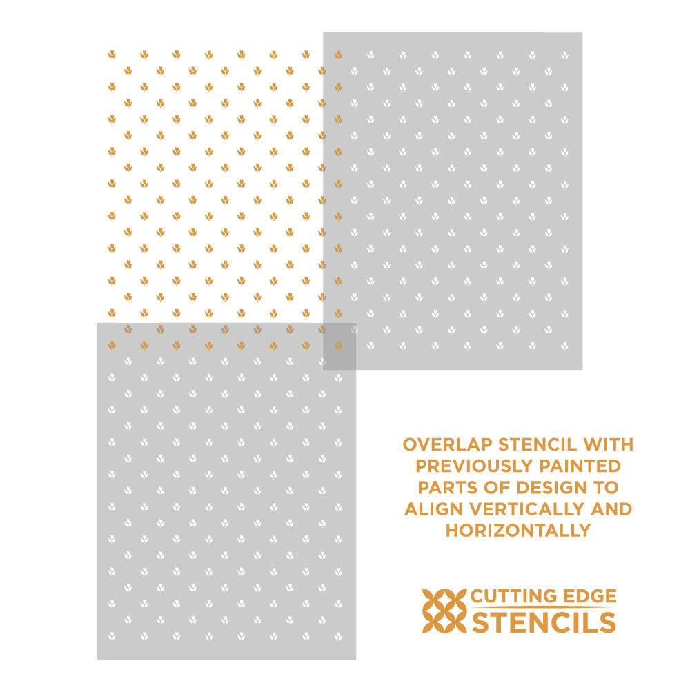 Two stencils with gold and white patterns on a gray background, featuring Cutting Edge Stencils logo.