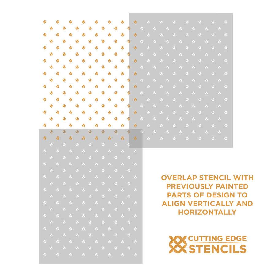 Two stencils with gold and white patterns on a gray background, featuring Cutting Edge Stencils logo.