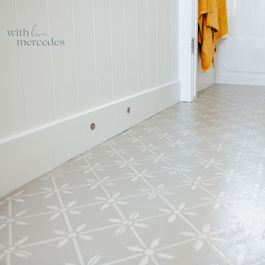 wallflower tile stenciled bathroom floor
