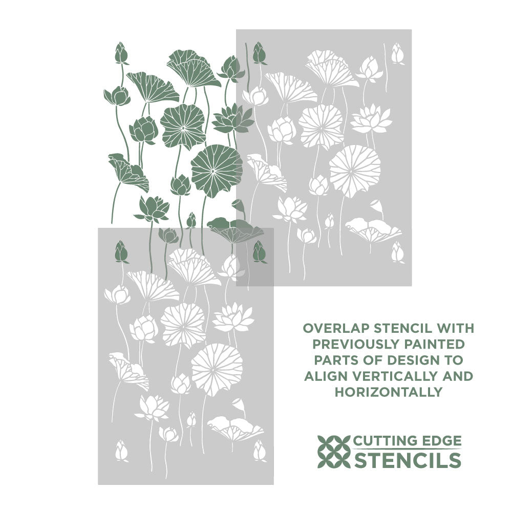 A product graphic showing two gray stencil panels with white lotus flower and leaf outlines, overlaid on a white background. One panel has green filled-in leaf shapes, demonstrating the stencil effect.