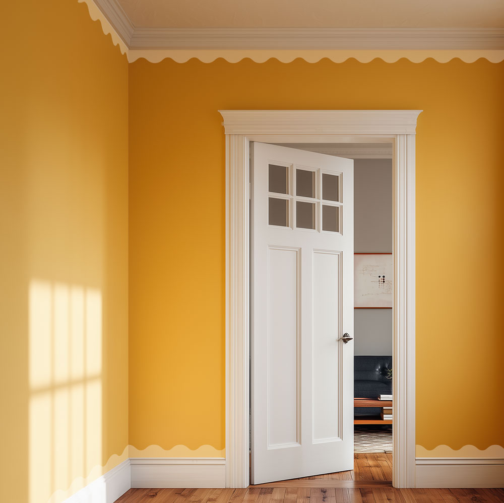 Yellow wall with a white door open to another room with wavy border edge