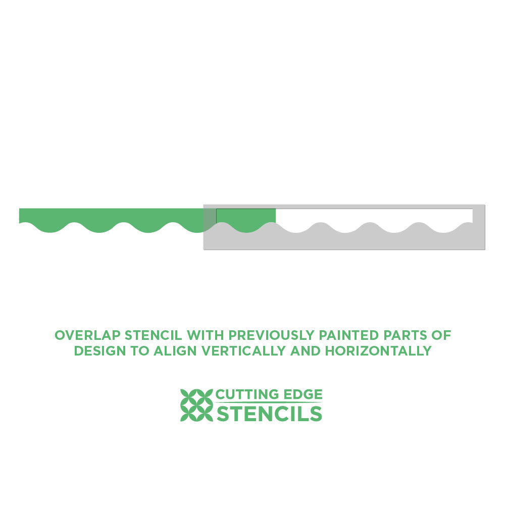 Overlap stencil with previously painted parts of design to align vertically and horizontally, featuring Cutting Edge Stencils logo.