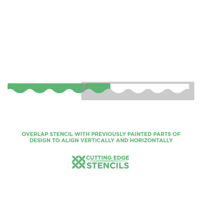 Overlap stencil with previously painted parts of design to align vertically and horizontally, featuring Cutting Edge Stencils logo.