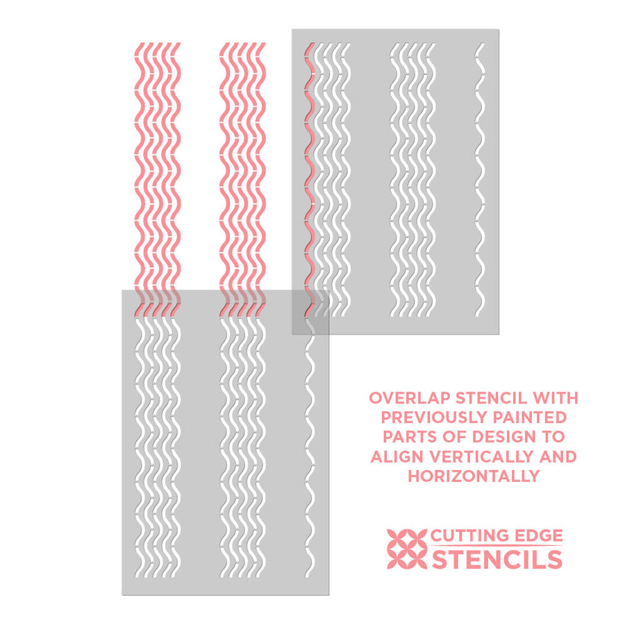 Wavy patterned stencils with instructions for use on a white background, featuring the brand 'Cutting Edge Stencils'.