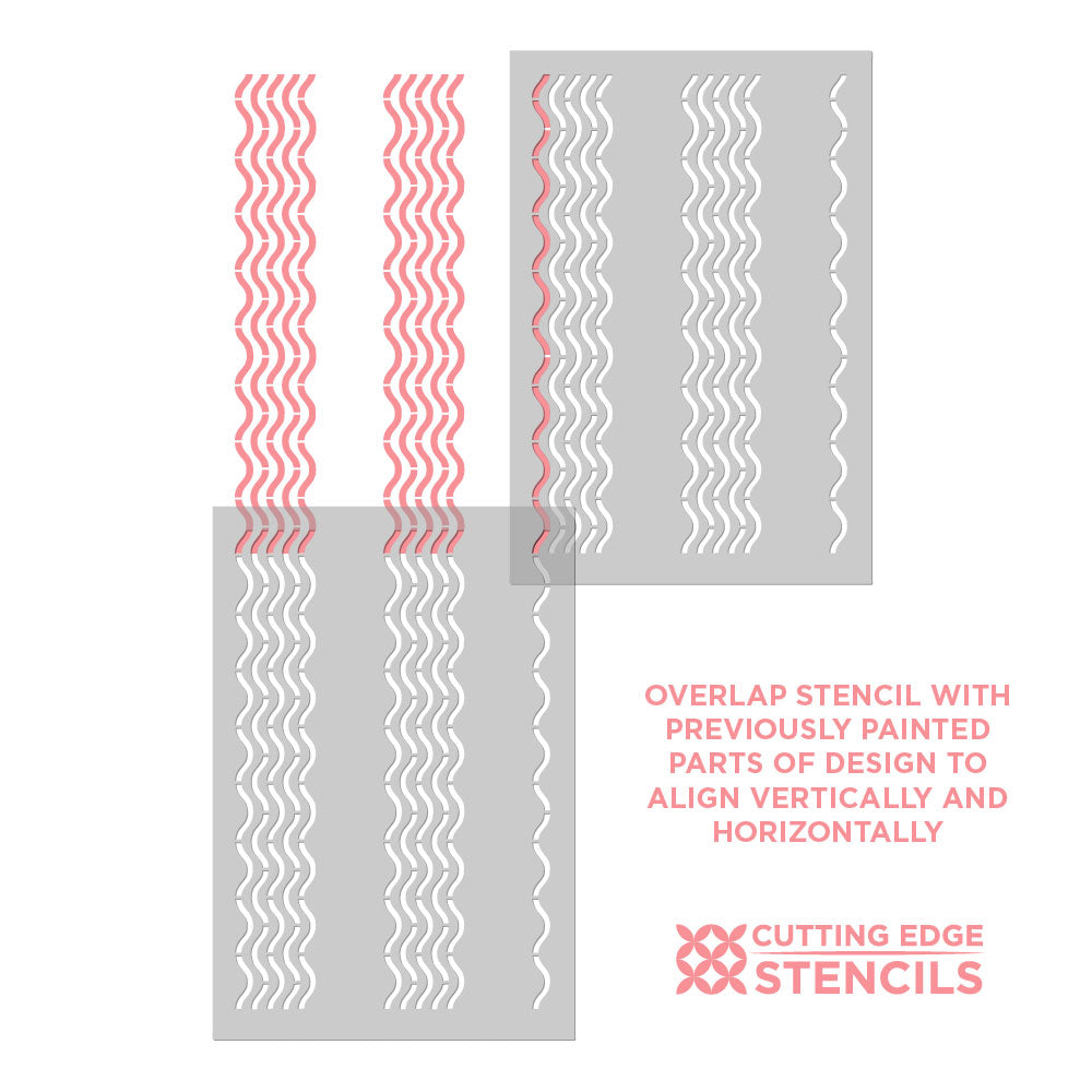 Wavy patterned stencils with instructions for use on a white background, featuring the brand 'Cutting Edge Stencils'.