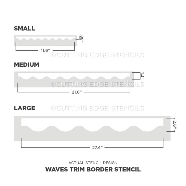 Waves trim border stencil with measurements for small, medium, and large sizes on a white background.