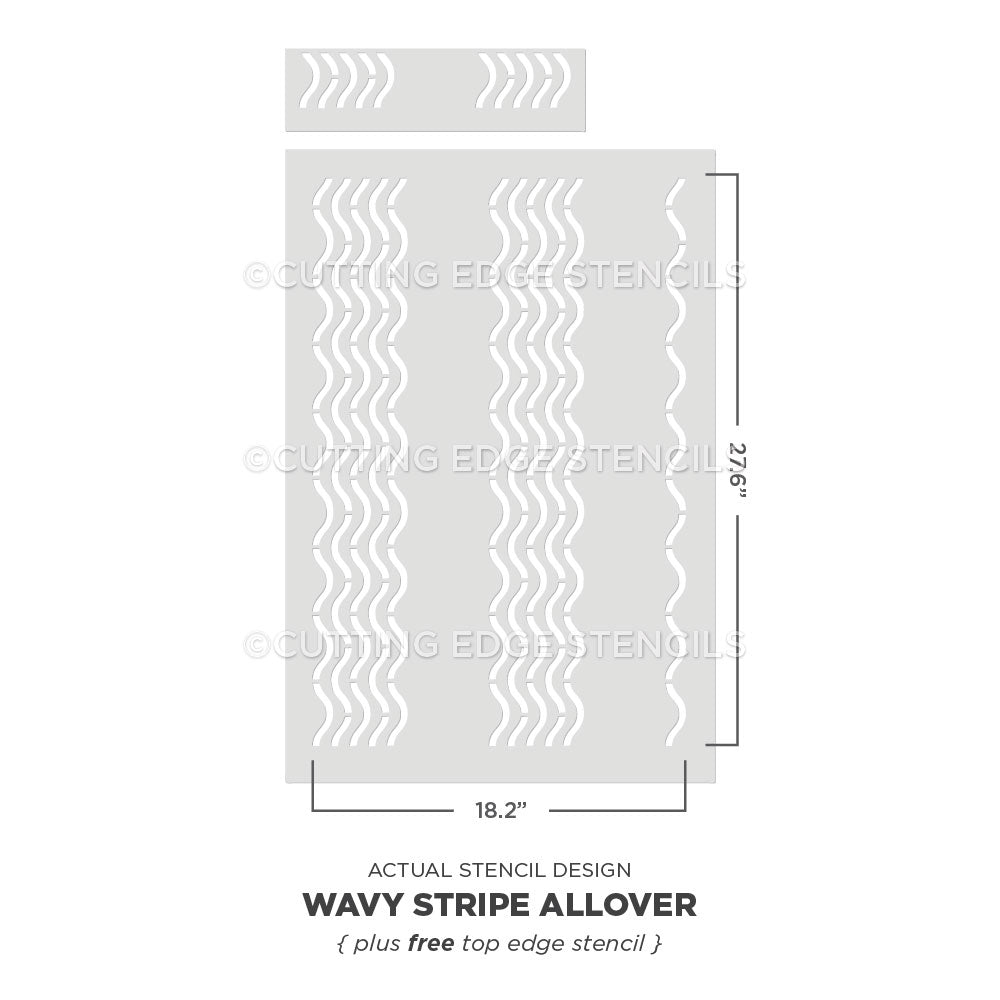 Wavy stripe pattern stencil with dimensions on a white background