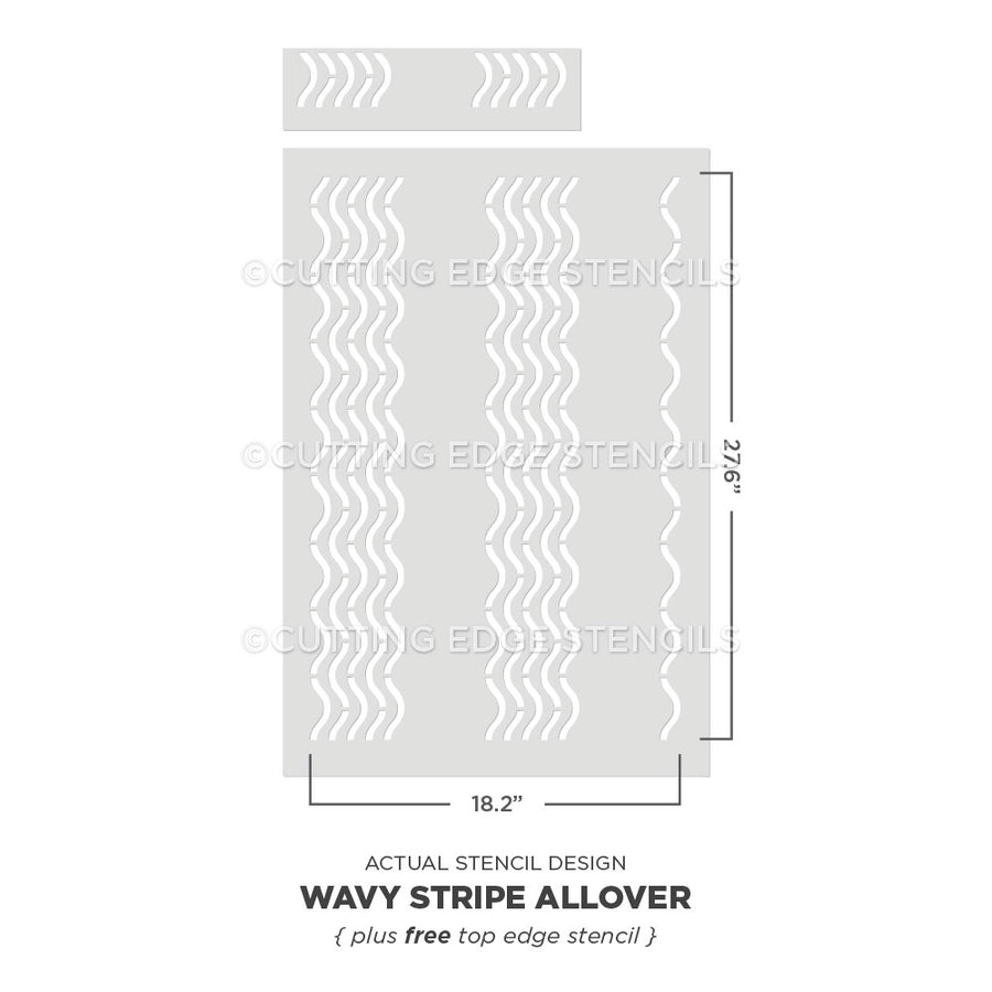 Wavy stripe pattern stencil with dimensions on a white background