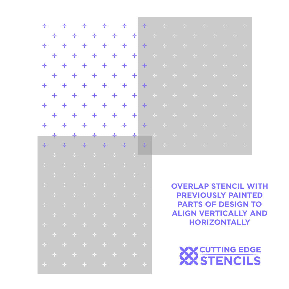 Two gray stencils with white star patterns and text overlay on a white background