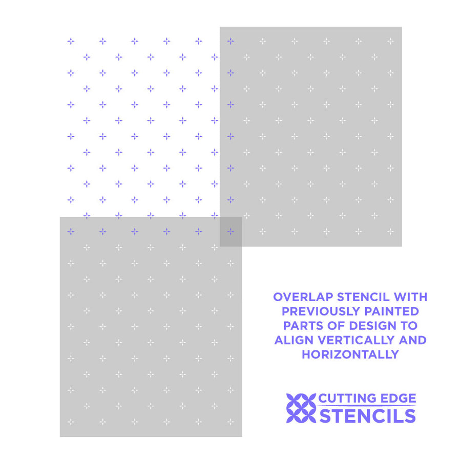 Two gray stencils with white star patterns and text overlay on a white background