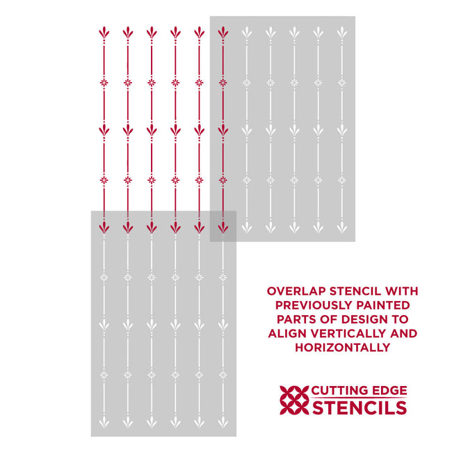Two stencils with decorative patterns and instructions on how to use them, featuring the brand 'Cutting Edge Stencils'.