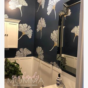 ginkgo stencil blue bathroom gold white design wall stencil