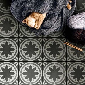 Moroccan tile stenciled floor with kitten